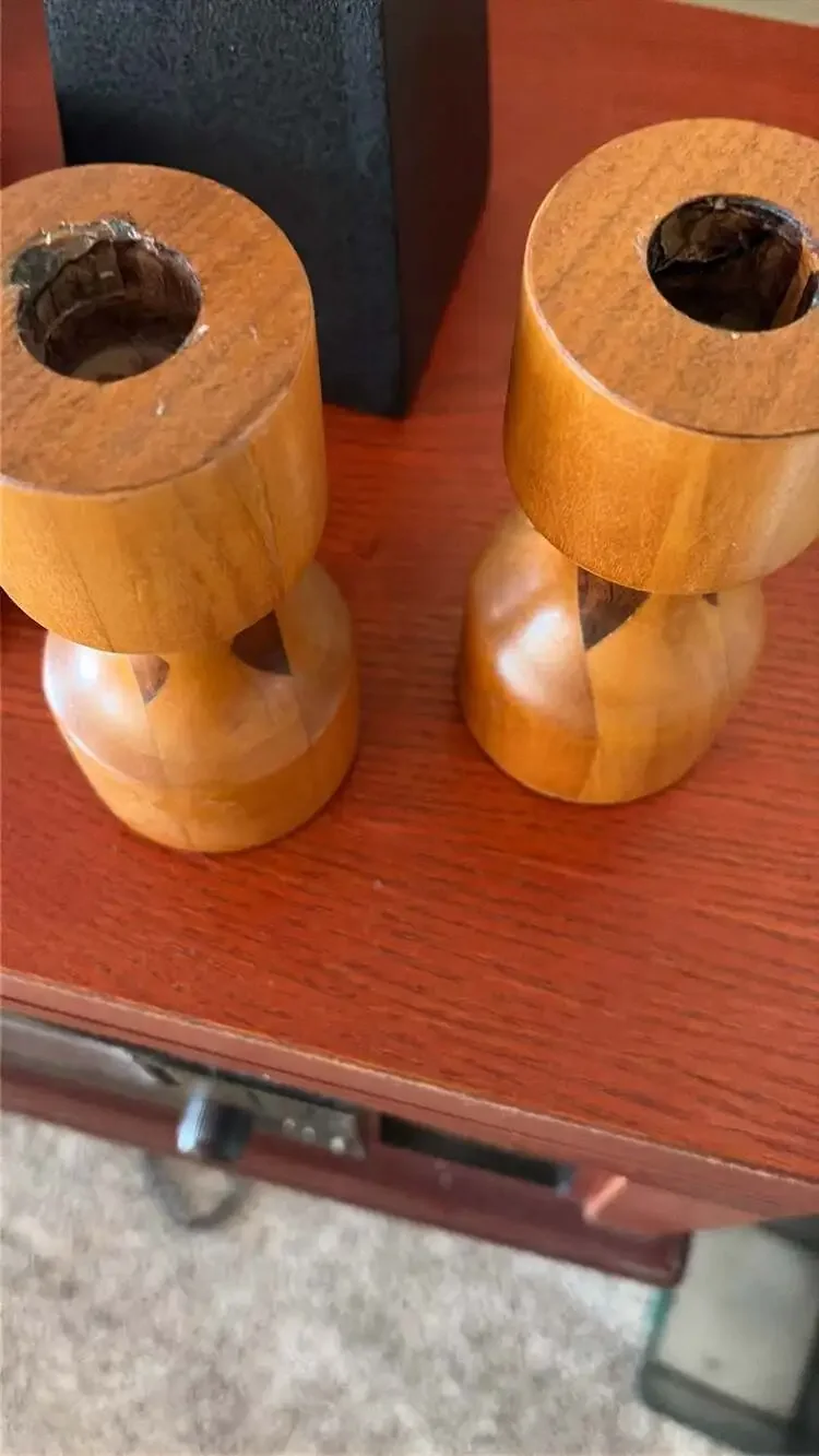 Pair of Mid-Century Danish Modern Turned Wood Candlestick Holders with Inlay